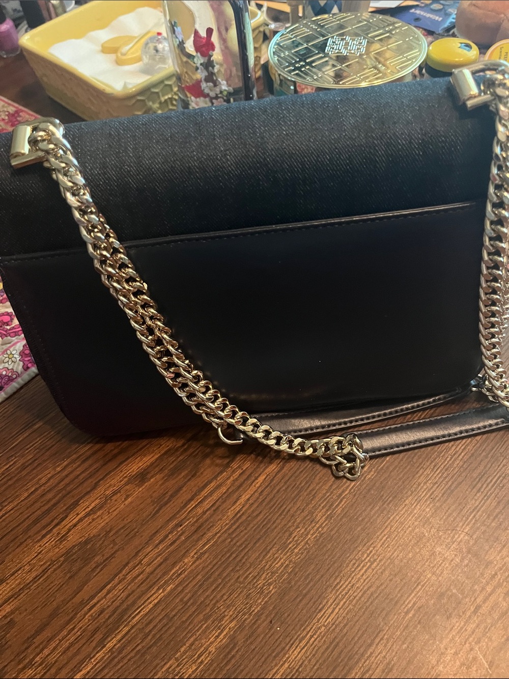 Michael Kors Navy Denim MK Logo Crossbody with Gold Chain - Picture 2 of 5